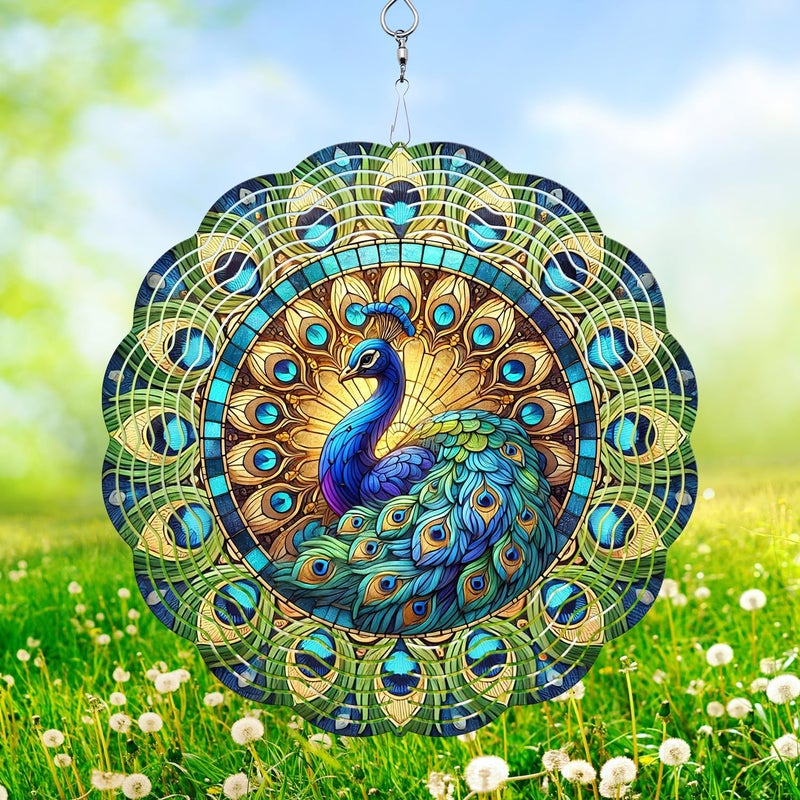 PUCPAM Peacock Wind Spinner, 3D Hanging Stainless Steel Garden Spinner, Wind Spinner Hanging for Outdoor & Indoor Décor, Unique Gifts for Yard Garden Decoration or Patio Décor (Peacock) - Image 1